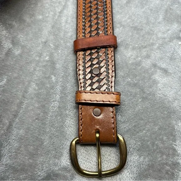 Western Brown Tooled Saddle Leather Belt With Brass Buckle Men's Size 50 - Picture 8 of 12